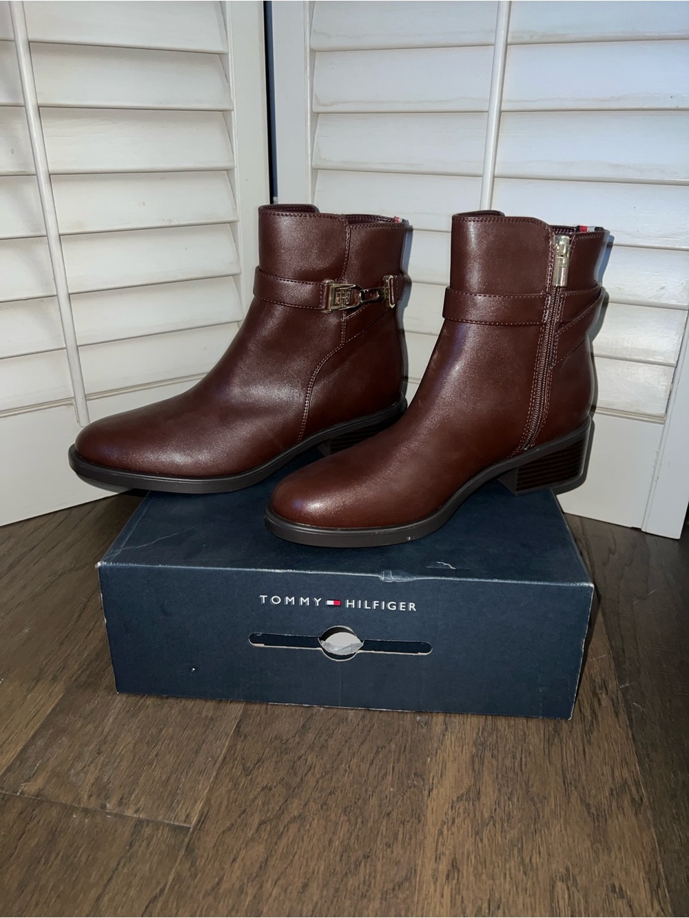 Tommy Hilfiger Brown Leather Ankle Booties with Buckle